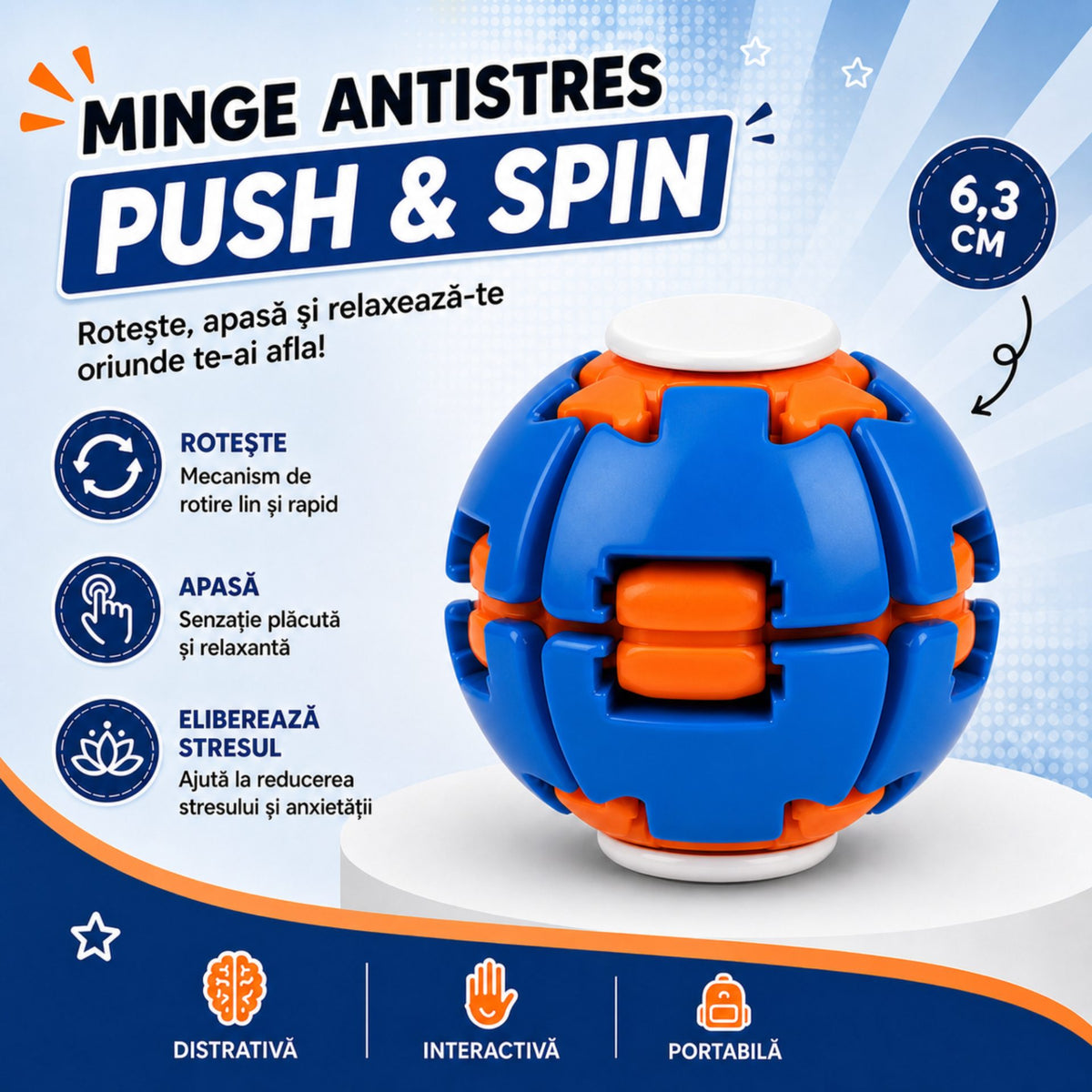 Jucarie Antistres Rotativa, Model Push And Spin cu Structura 3D Interactiva, Plastic ABS, 6.3 cm, Albastru Metalizat