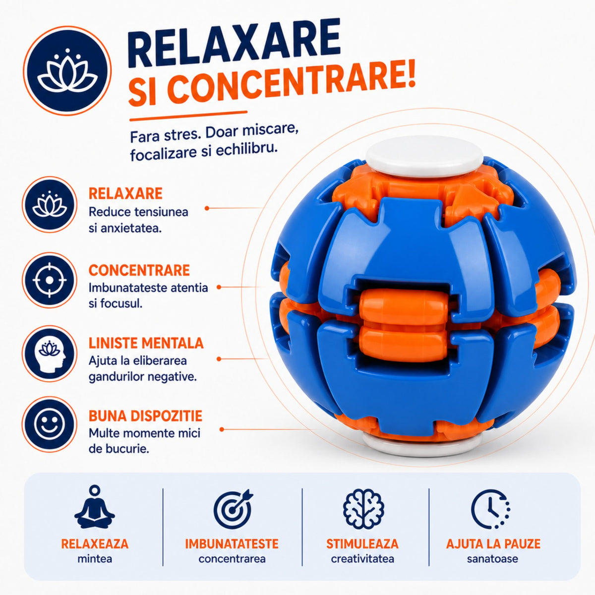 Jucarie Antistres Rotativa, Model Push And Spin cu Structura 3D Interactiva, Plastic ABS, 6.3 cm, Albastru Metalizat