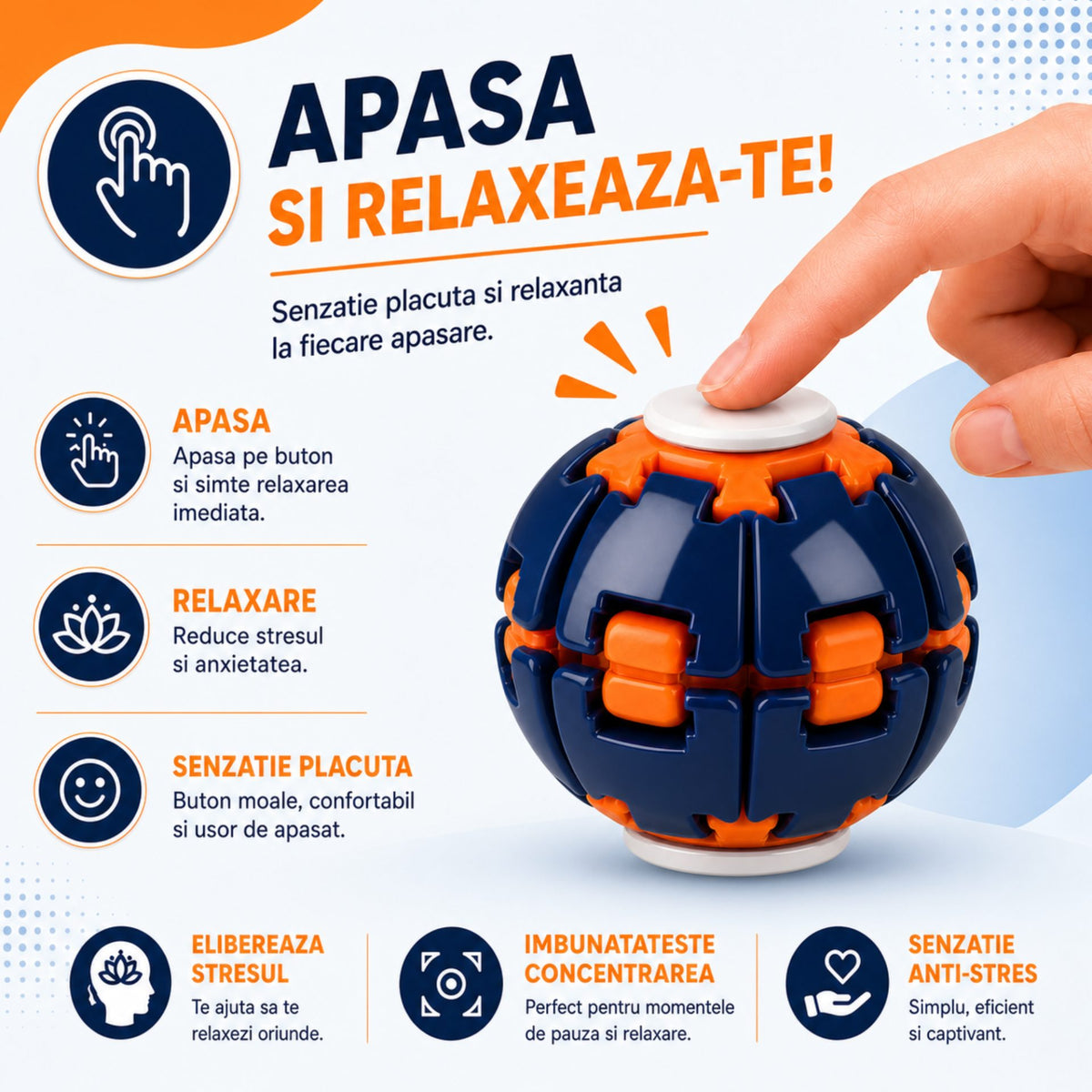 Jucarie Antistres Rotativa Push and Spin, Structura 3D Interactiva, Plastic ABS, 6.3 cm, Navy