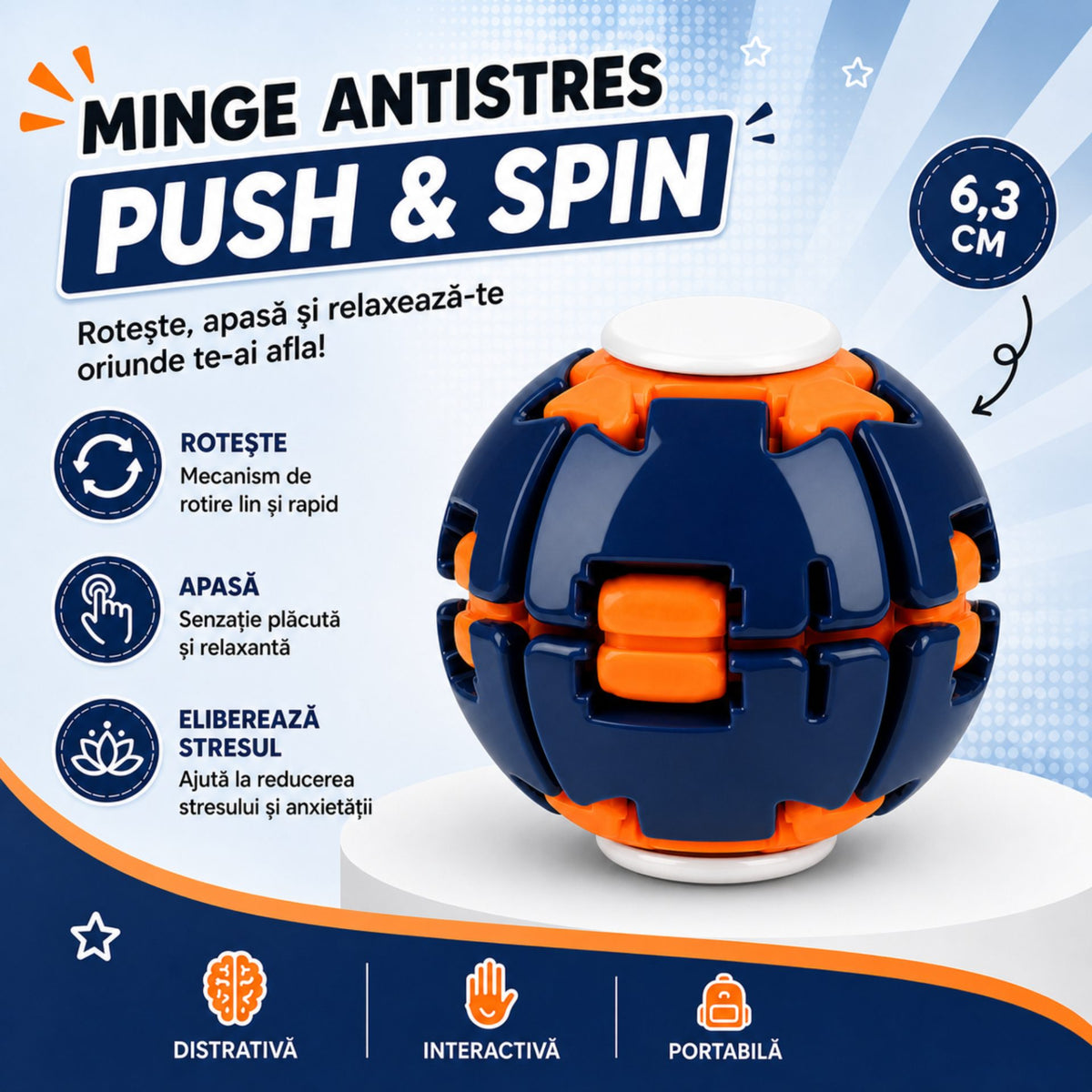 Jucarie Antistres Rotativa Push and Spin, Structura 3D Interactiva, Plastic ABS, 6.3 cm, Navy