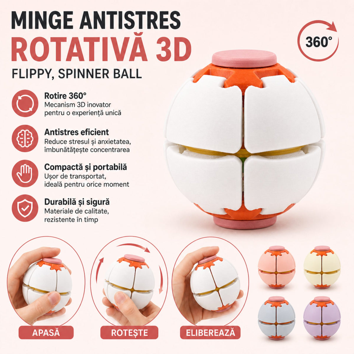 Minge Senzorială Antistres Rotativă 3D, Sistem Apăsare Și Rotire, Plastic, Alb, 6.5 x 6.5 x 6.5 cm