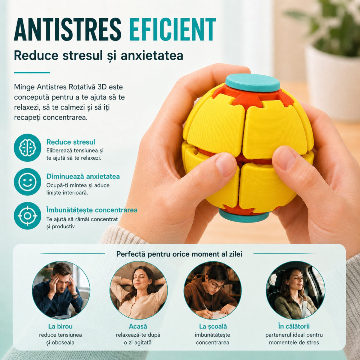 Minge Senzorială Antistres Rotativă 3D, Sistem De Apăsare Și Rotire Interactiv, Plastic, 6.5 x 6.5 x 6.5 cm, Galben