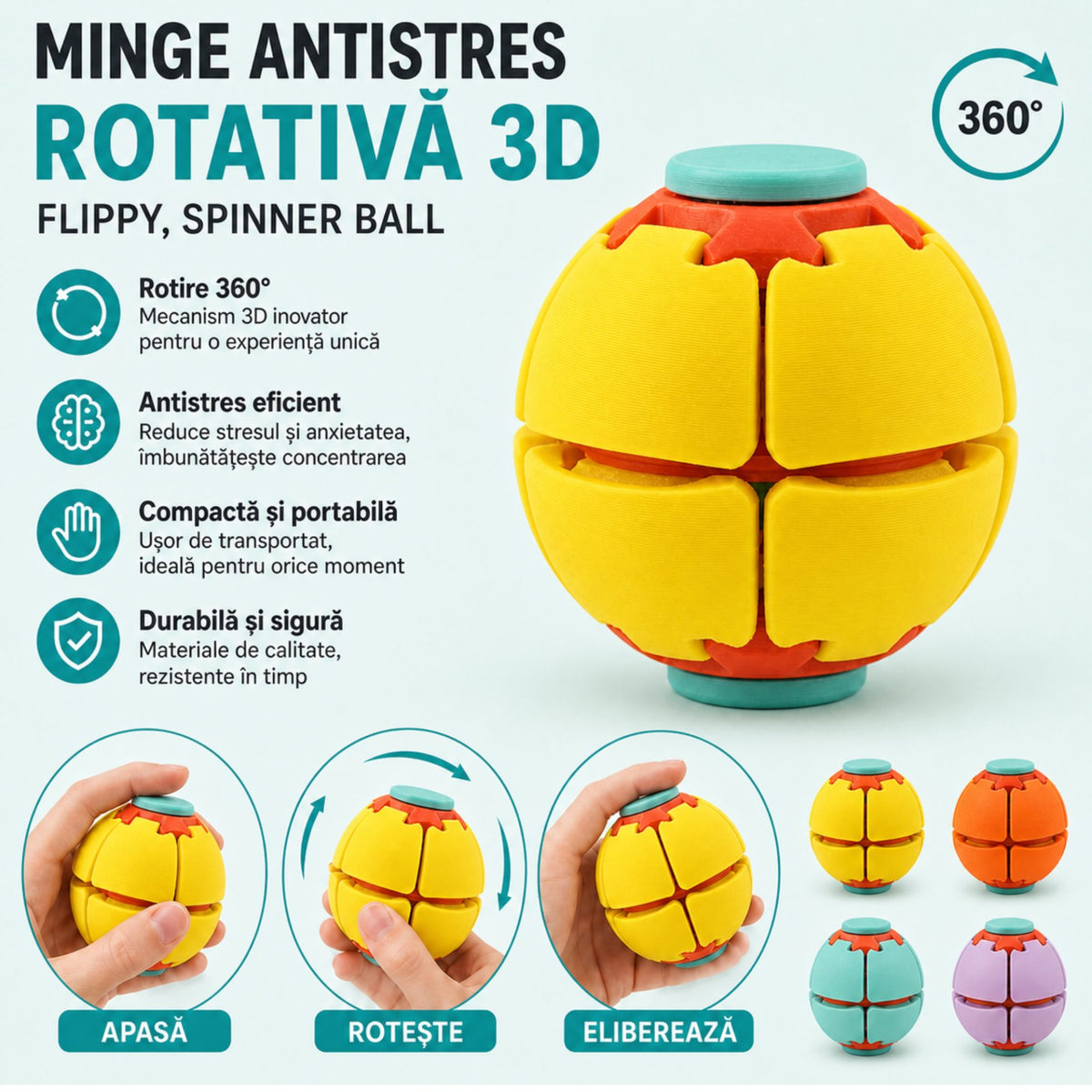 Minge Senzorială Antistres Rotativă 3D, Sistem De Apăsare Și Rotire Interactiv, Plastic, 6.5 x 6.5 x 6.5 cm, Galben