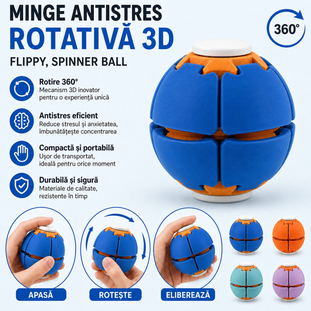 Minge Senzorială Antistres, Sistem Rotativ 3D Tip Fidget Spinner, Plastic, Albastru, 6.5 x 6.5 x 6.5 cm