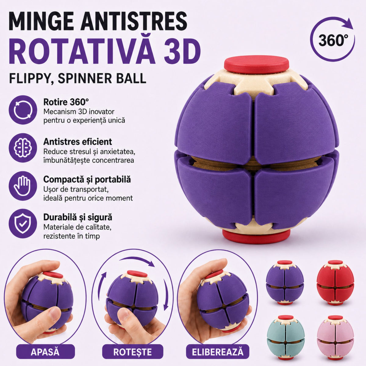 Minge Senzorială Antistres, Sistem Rotativ 3D Și Apăsare, Plastic, 6.5 x 6.5 x 6.5 cm, Mov