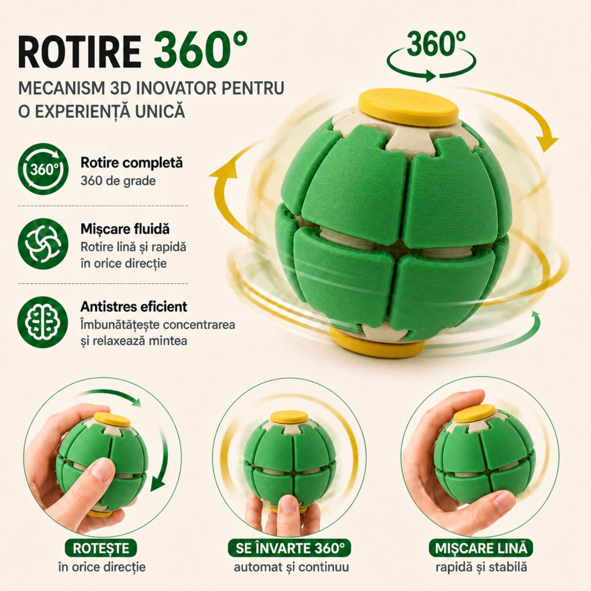 Minge Senzorială Antistres, Sistem Rotativ 3D Tip Fidget Spinner, Plastic, Verde, 6.5 x 6.5 x 6.5 cm