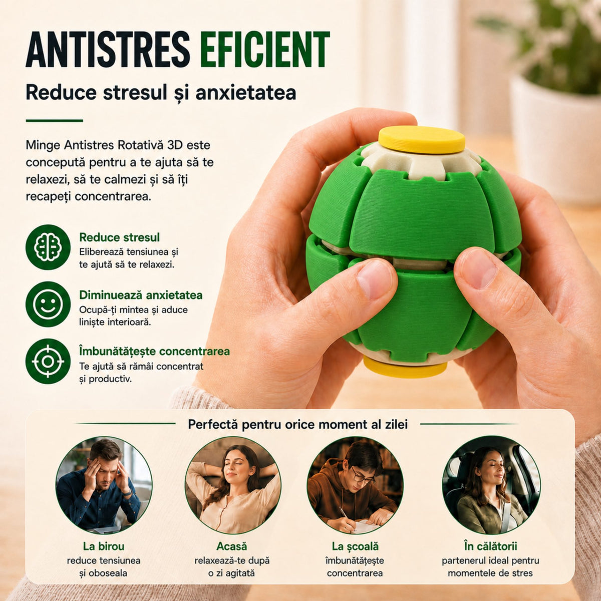 Minge Senzorială Antistres, Sistem Rotativ 3D Tip Fidget Spinner, Plastic, Verde, 6.5 x 6.5 x 6.5 cm