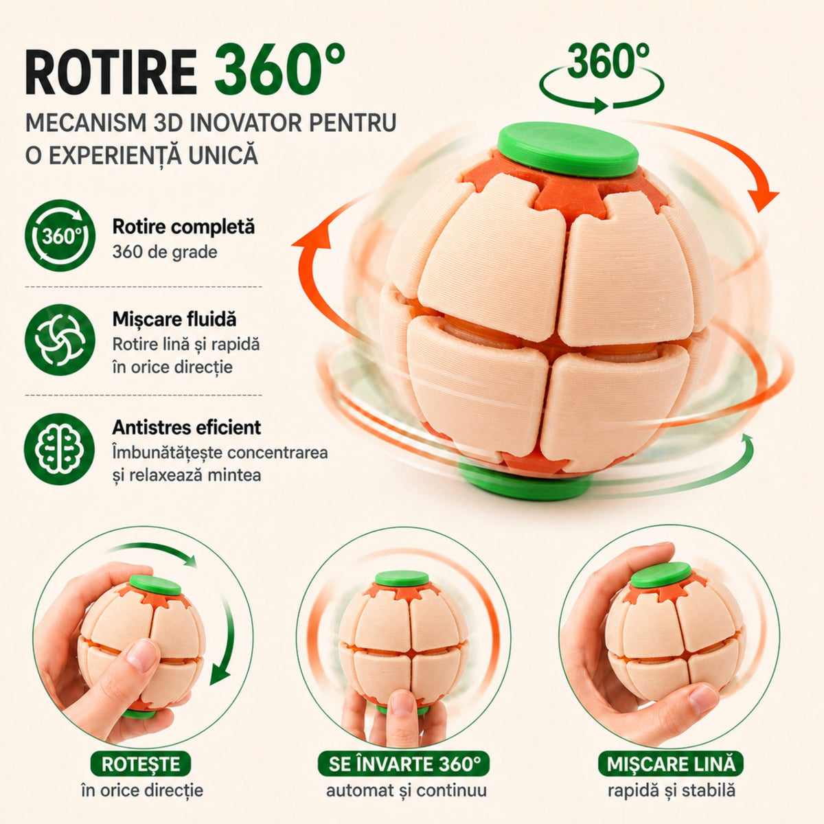 Minge Senzorială Antistres, Design Rotativ 3D cu Sistem De Apăsare, Plastic, Culoare Apricot