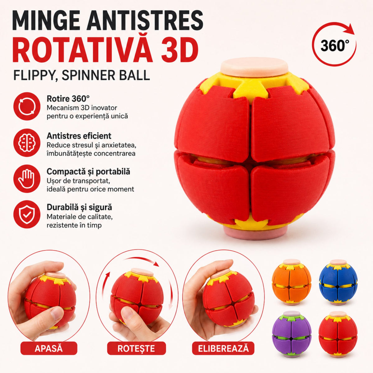 Minge Senzorială Antistres, Design Rotativ 3D Tip Fidget Spinner, Plastic, Roșu
