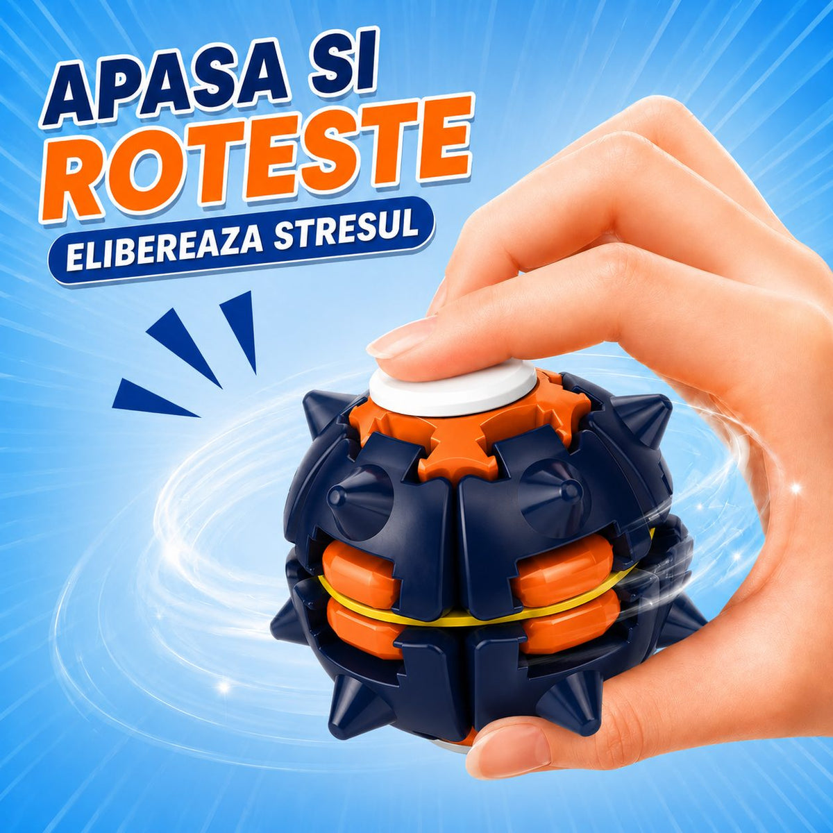 Jucarie Antistres Rotativa, Model Minge Push and Spin cu Structura 3D, Plastic ABS, 6.3 cm, Albastru Marin si Portocaliu