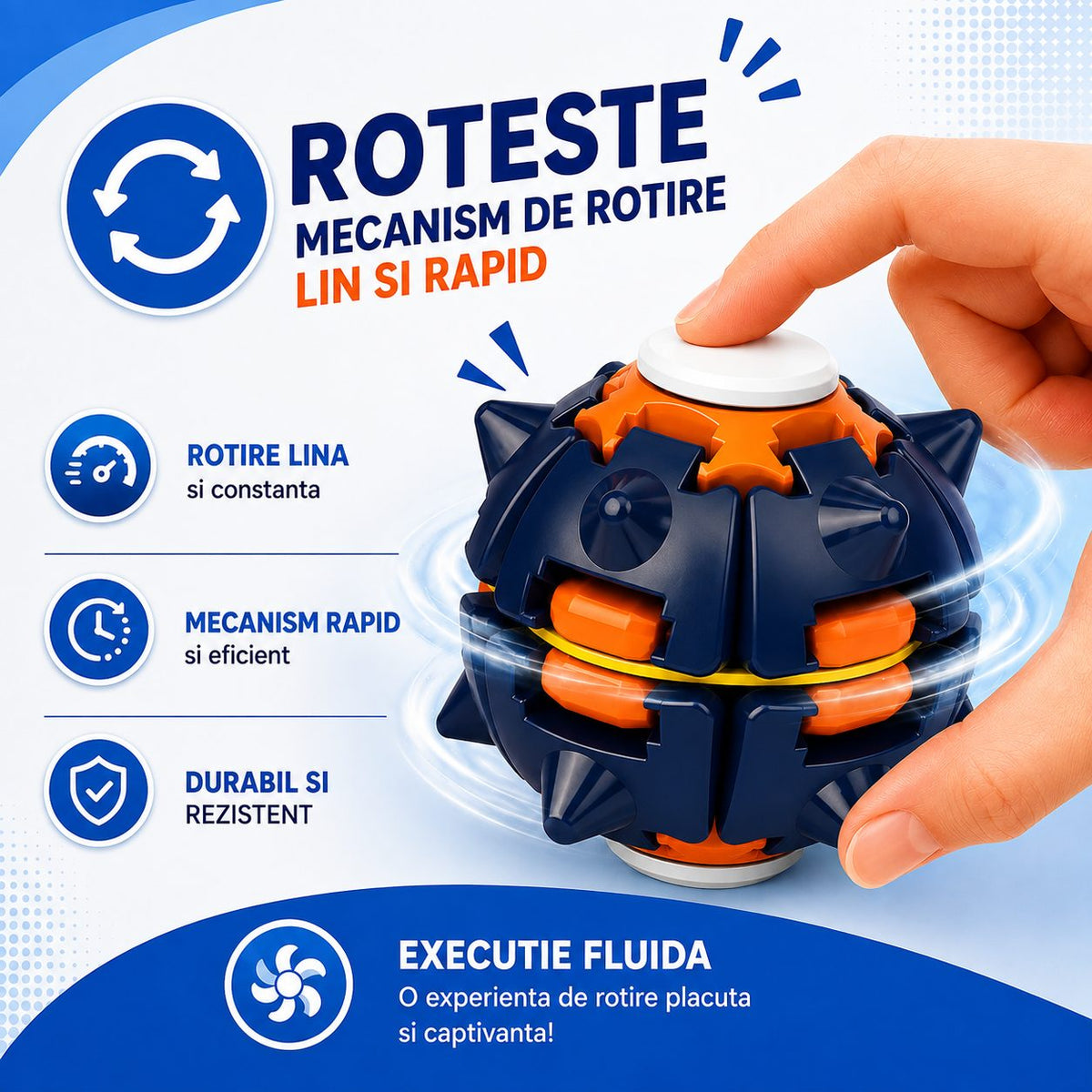 Jucarie Antistres Rotativa, Model Minge Push and Spin cu Structura 3D, Plastic ABS, 6.3 cm, Albastru Marin si Portocaliu