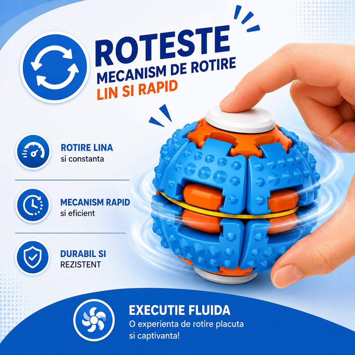 Jucarie Antistres Push And Spin, Structura 3D Interactiva, Plastic ABS, 6.3 cm, Albastru