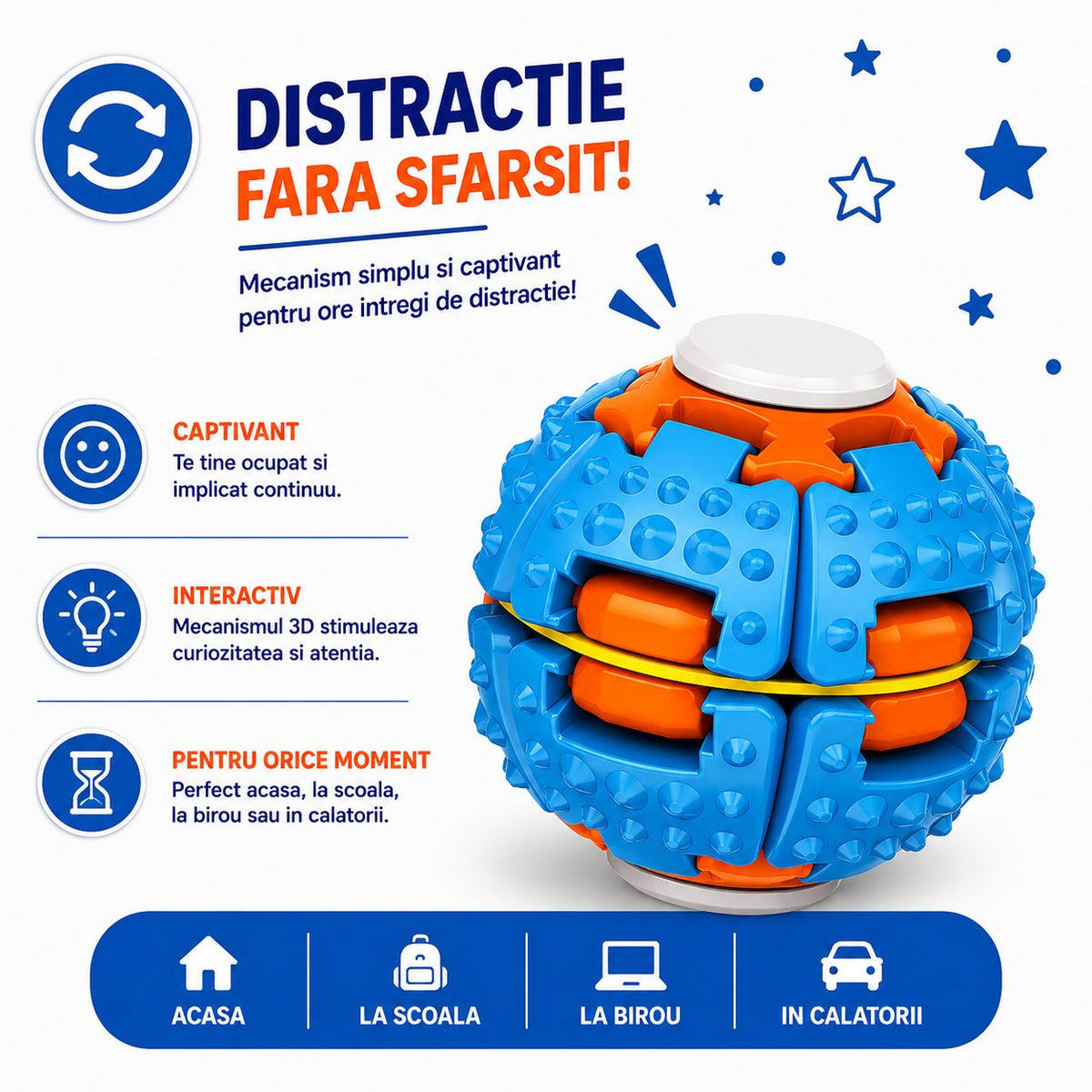 Jucarie Antistres Push And Spin, Structura 3D Interactiva, Plastic ABS, 6.3 cm, Albastru