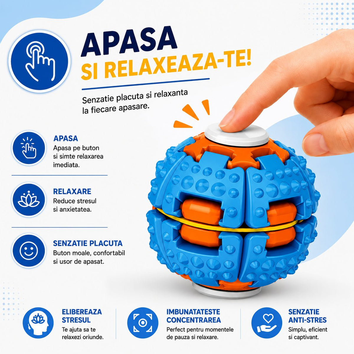 Jucarie Antistres Push And Spin, Structura 3D Interactiva, Plastic ABS, 6.3 cm, Albastru