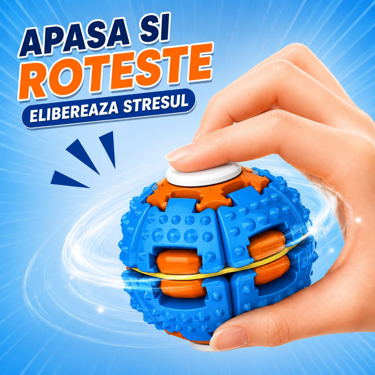 Jucarie Antistres Push And Spin, Structura 3D Interactiva, Plastic ABS, 6.3 cm, Albastru