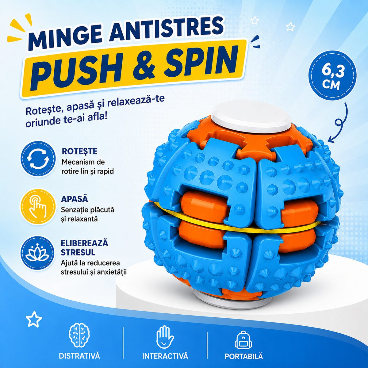 Jucarie Antistres Push And Spin, Structura 3D Interactiva, Plastic ABS, 6.3 cm, Albastru