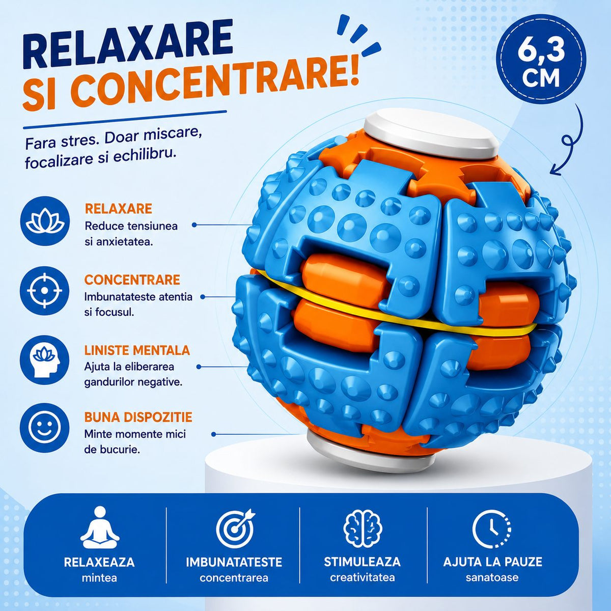 Jucarie Antistres Push And Spin, Structura 3D Interactiva, Plastic ABS, 6.3 cm, Albastru