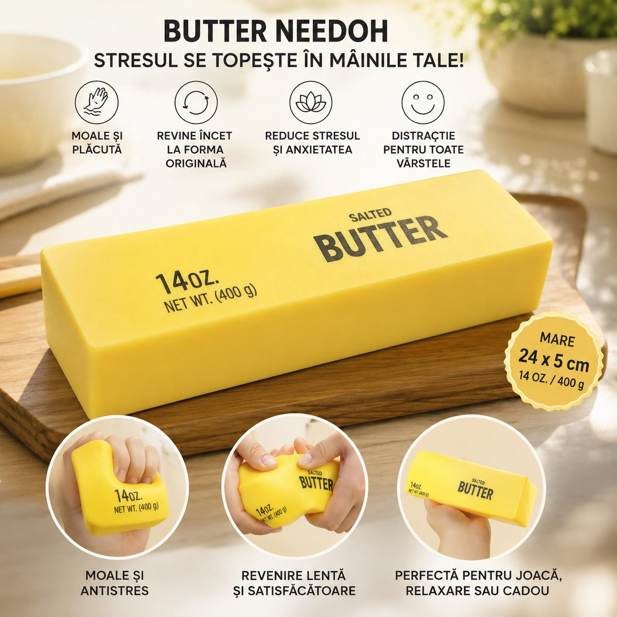 Jucarie Antistres Squishy, Model Butter Block Tip Needoh, Revenire Lenta, Spuma Moale, 400 g, 24 x 5 cm, Galben