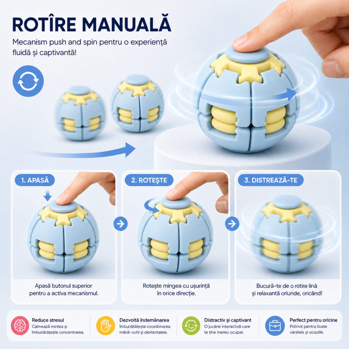 Jucarie Antistres Minge Puzzle, Structura 3D Interactiva Push and Spin, Plastic ABS, 6.3 cm, Albastru Dechis