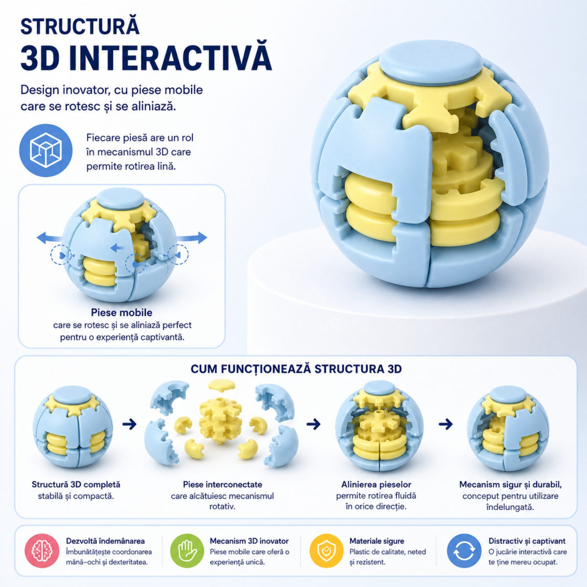 Jucarie Antistres Minge Puzzle, Structura 3D Interactiva Push and Spin, Plastic ABS, 6.3 cm, Albastru Dechis
