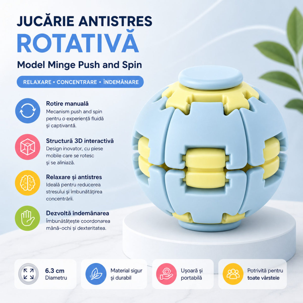 Jucarie Antistres Minge Puzzle, Structura 3D Interactiva Push and Spin, Plastic ABS, 6.3 cm, Albastru Dechis