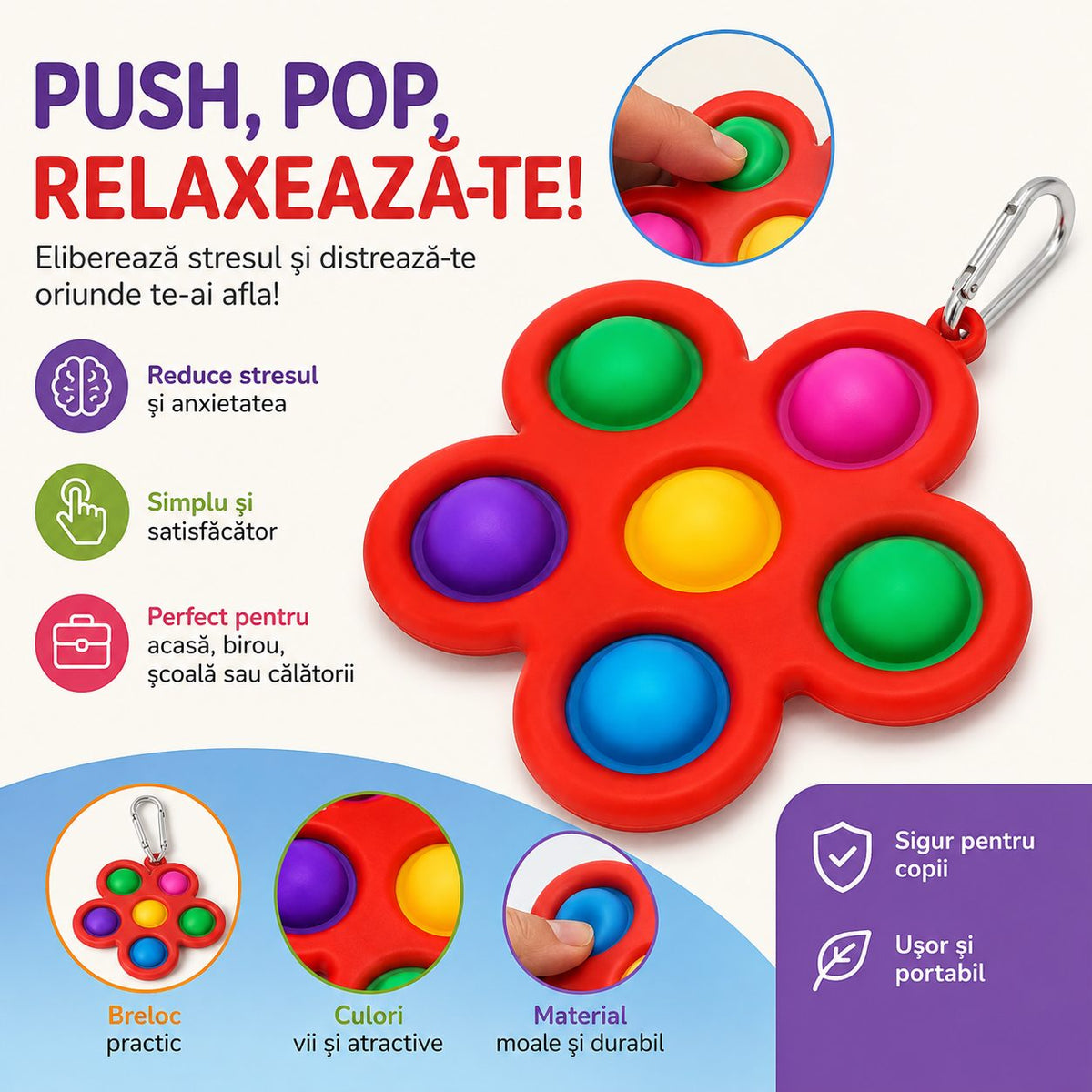 Jucarie Push Pop Bubble Fidget, Breloc Antistres, Forma Floare, Silicon, Multicolor Rosu