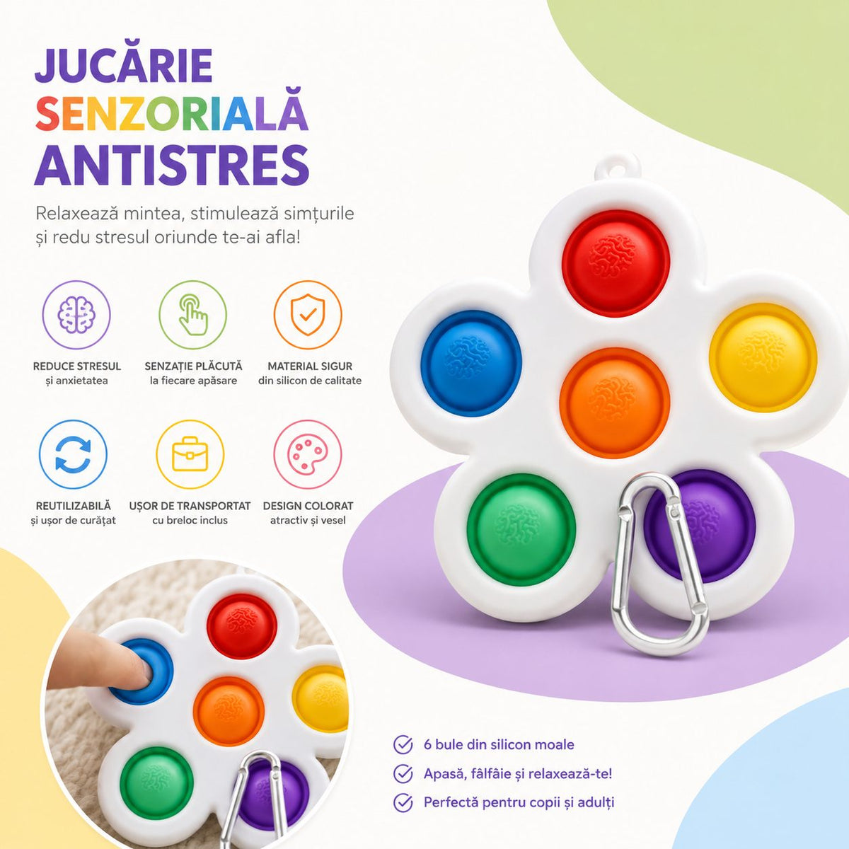 Jucarie Senzoriala Antistres Push Pop Bubble Fidget, Breloc Model Floare, Silicon, Multicolor