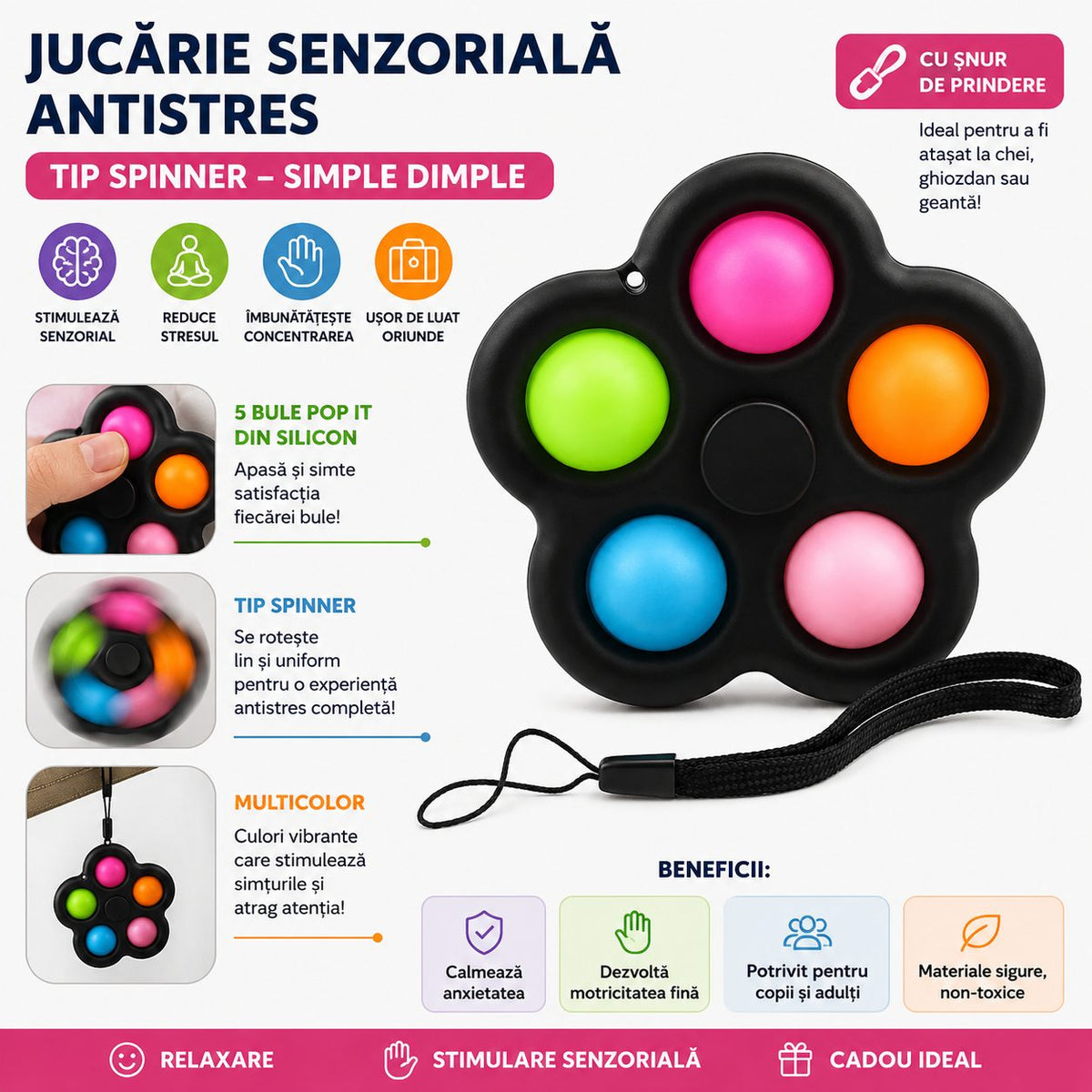Jucarie Antistres Simple Dimple, Spinner Senzorial cu 5 Bule Pop It, Plastic si Silicon, cu Snur de Prindere, Multicolor