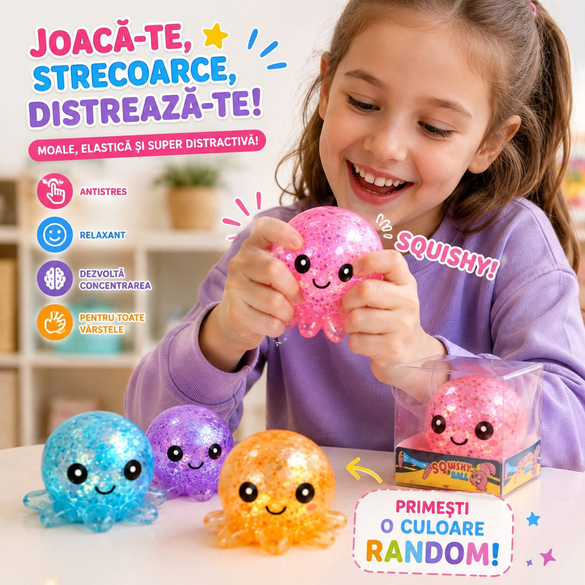 Jucarie Antistres Squishy, Model Caracatita Cu Sclipici, Silicon Moale Elastic, 6 x 6 x 4.5 cm, Culori Diverse