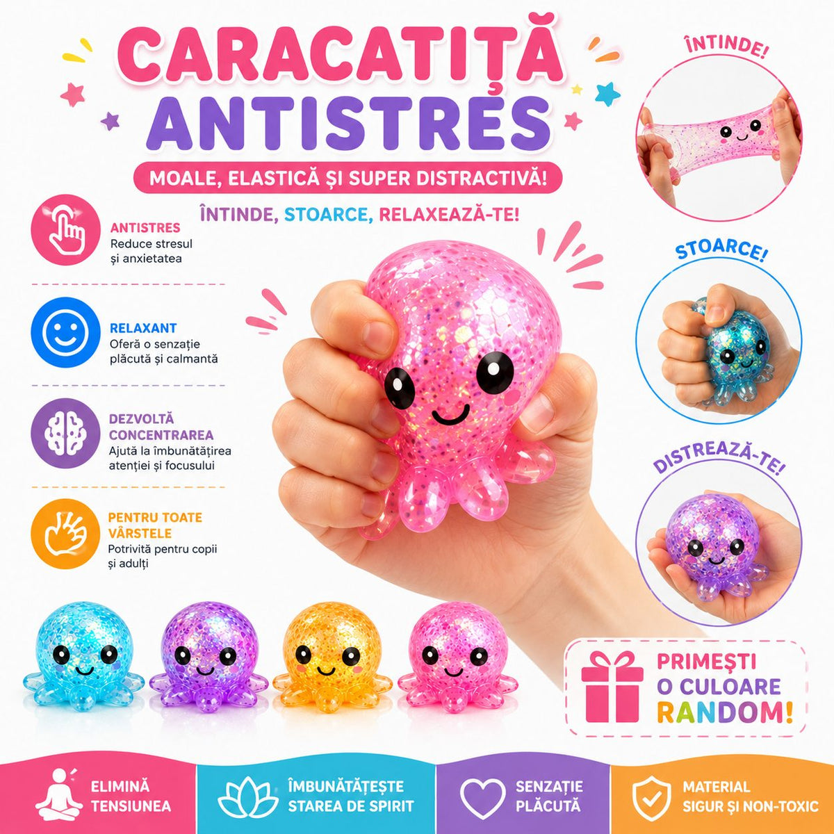 Jucarie Antistres Squishy, Model Caracatita Cu Sclipici, Silicon Moale Elastic, 6 x 6 x 4.5 cm, Culori Diverse