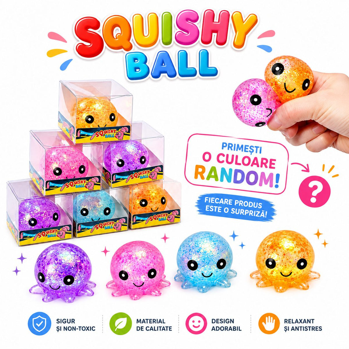Jucarie Antistres Squishy, Model Caracatita Cu Sclipici, Silicon Moale Elastic, 6 x 6 x 4.5 cm, Culori Diverse