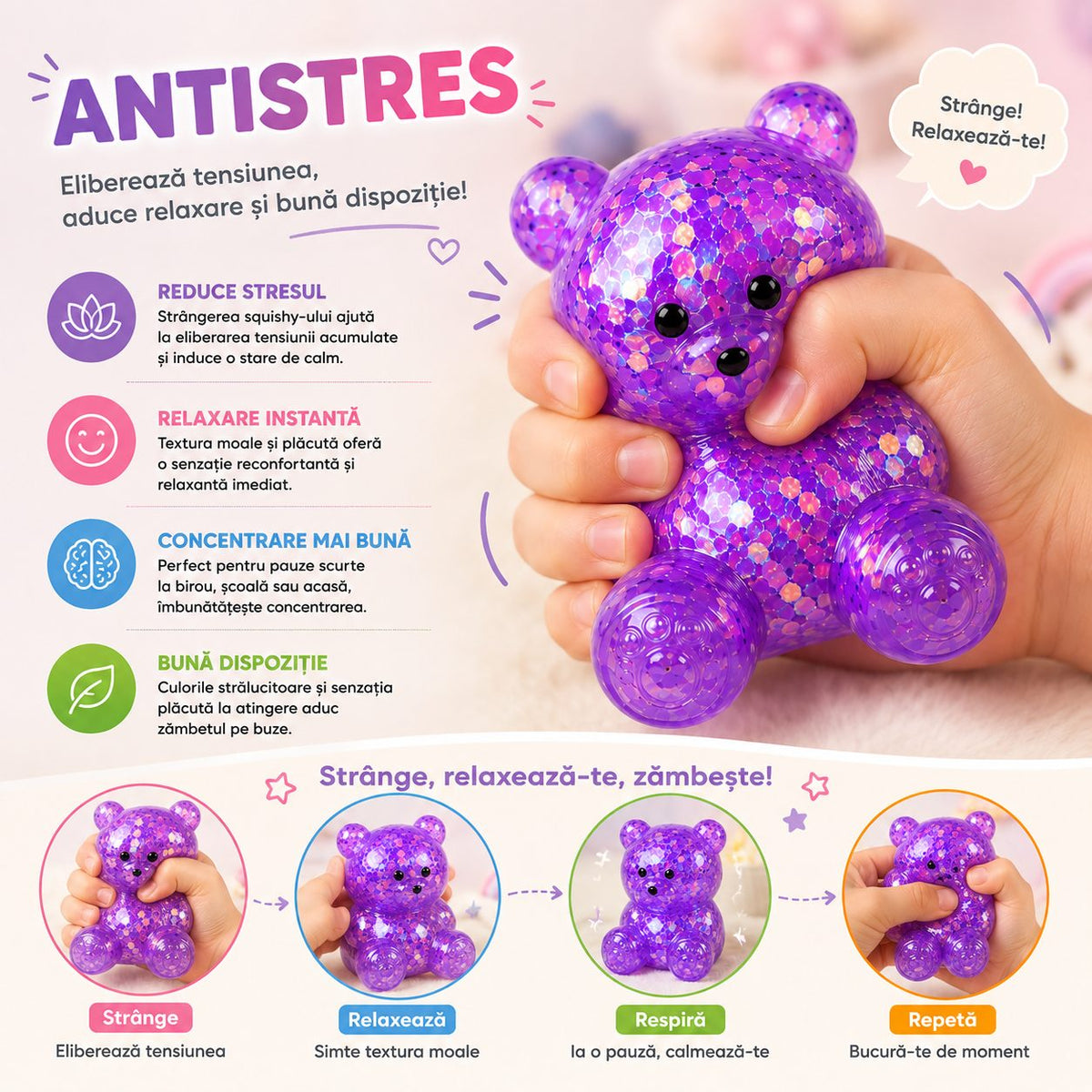Jucarie Antistres Squishy, Model Ursulet Transparent cu Paiete, Termoplastic, Culoare Aleatorie