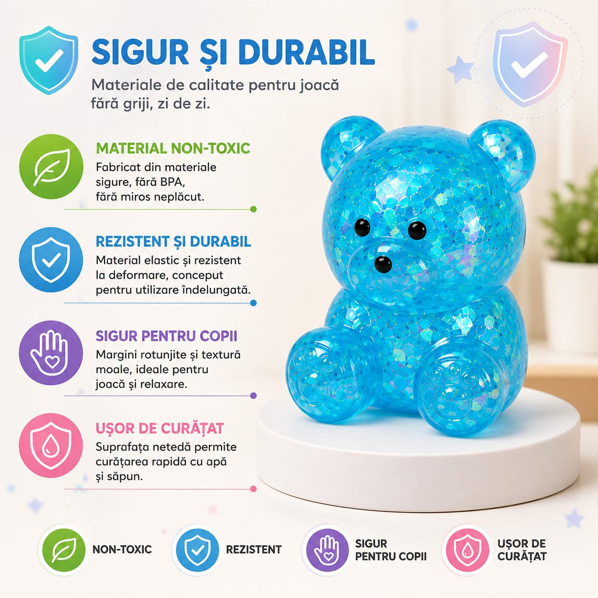 Jucarie Antistres Squishy, Model Ursulet Transparent cu Paiete, Termoplastic, Culoare Aleatorie