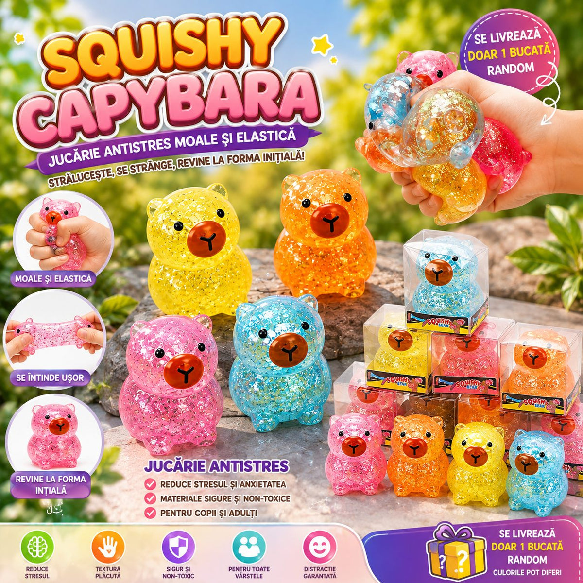 Jucarie Antistres Squishy, Model Urs cu Gel si Sclipici, Textura Moale Slow Rising, Gel Elastic, 3.5 x 3.6 x 4.5 cm, Multicolor