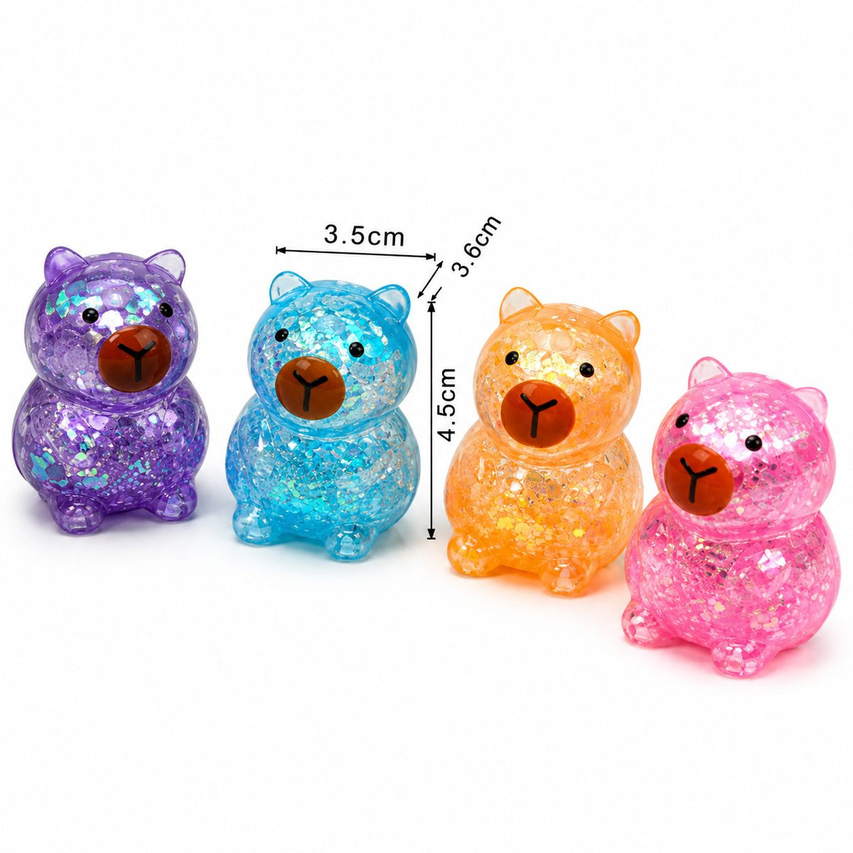 Jucarie Antistres Squishy, Model Urs cu Gel si Sclipici, Textura Moale Slow Rising, Gel Elastic, 3.5 x 3.6 x 4.5 cm, Multicolor