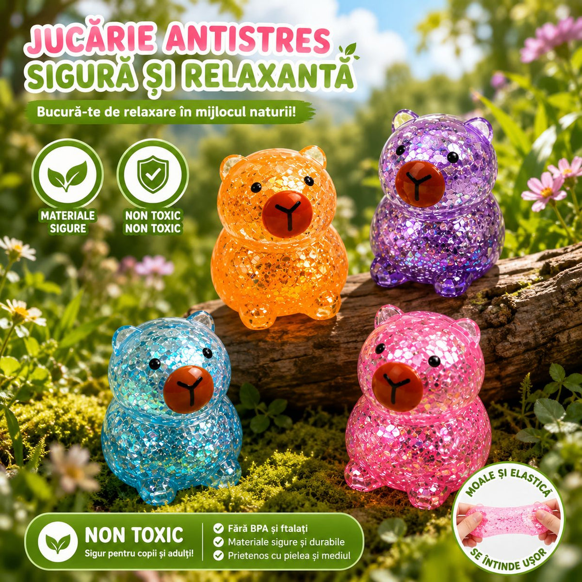 Jucarie Antistres Squishy, Model Urs cu Gel si Sclipici, Textura Moale Slow Rising, Gel Elastic, 3.5 x 3.6 x 4.5 cm, Multicolor