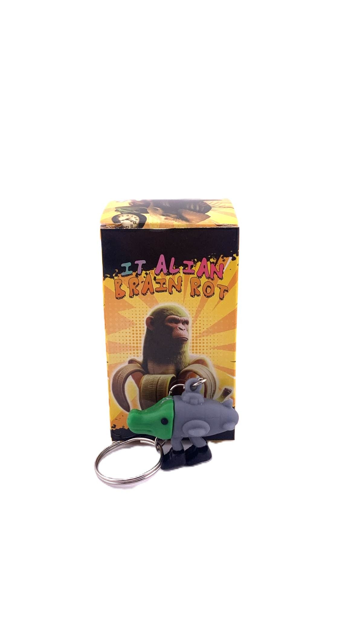 Breloc de Chei, Figurina Bombardiro Crocodilo, Accesoriu Brainrot Aesthetic pentru Copii, Silicon Flexibil, 4 cm, Gri/Verde