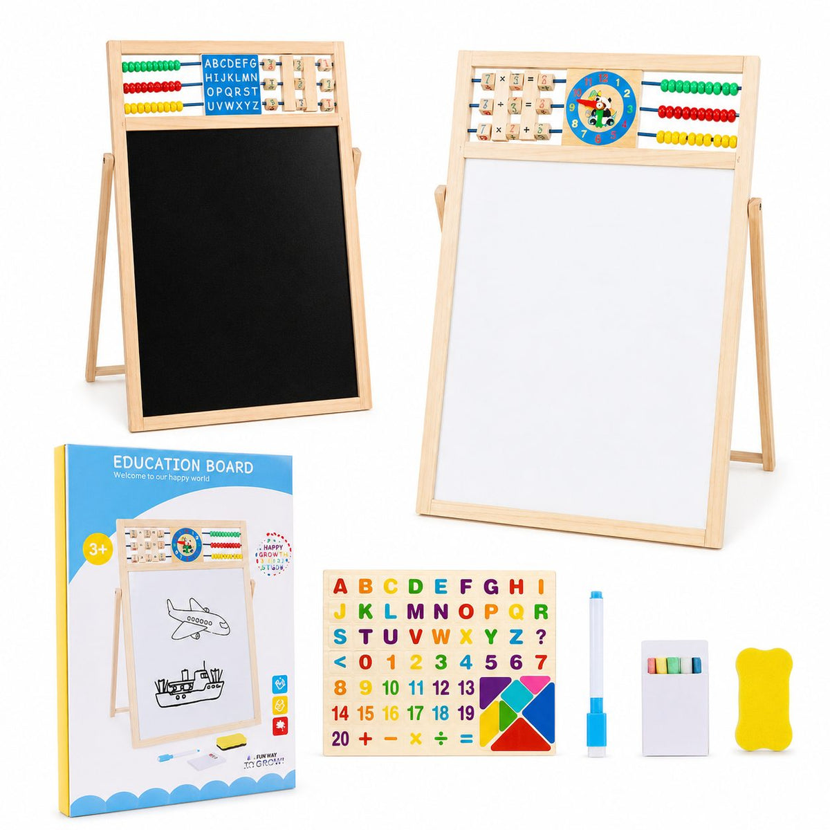 Tabla Educativa de Desen Magnetica cu Doua Fete, Reglabila pe Inaltime, Cadru din Lemn, Include Abac si Litere, 52x36 cm
