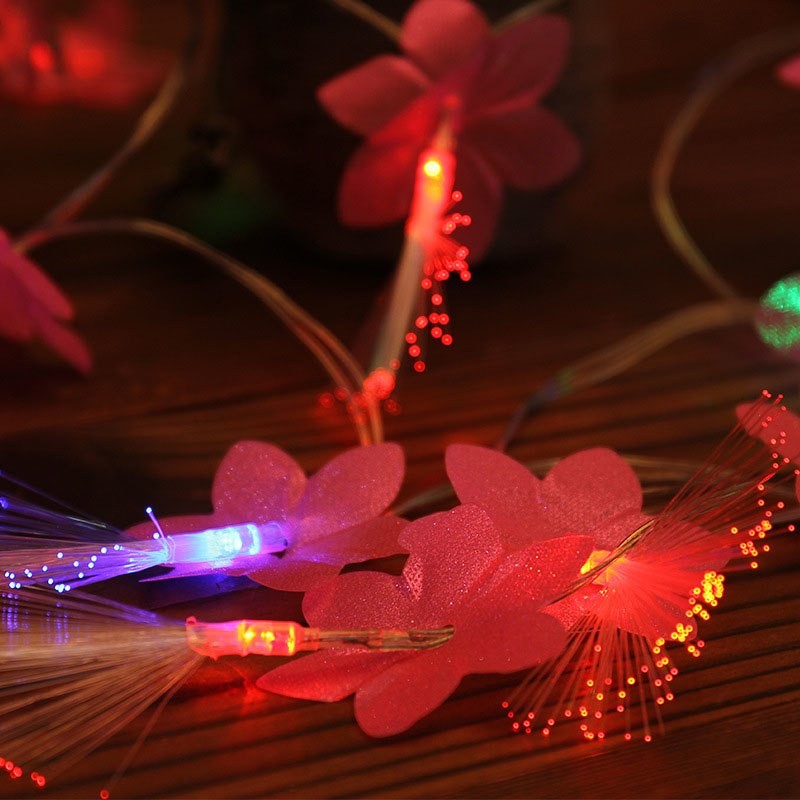 Instalatie de Craciun Tip Sir, 20 LED-uri Fibra Optica, Model Flori, Alimentare cu Baterii, 2.5 m, Roz