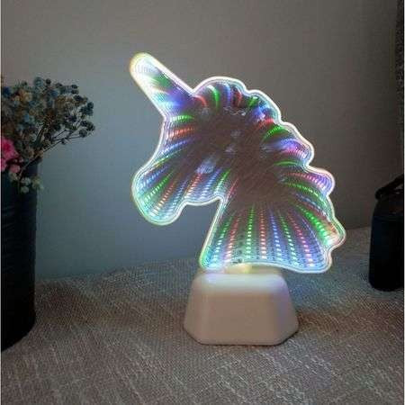 Decoratiune Luminoasa Infinity Mirror Unicorn, Lampa Efect Oglinda Infinita, Plastic, Interior, Alimentare Baterii, 20 cm, Multicolor