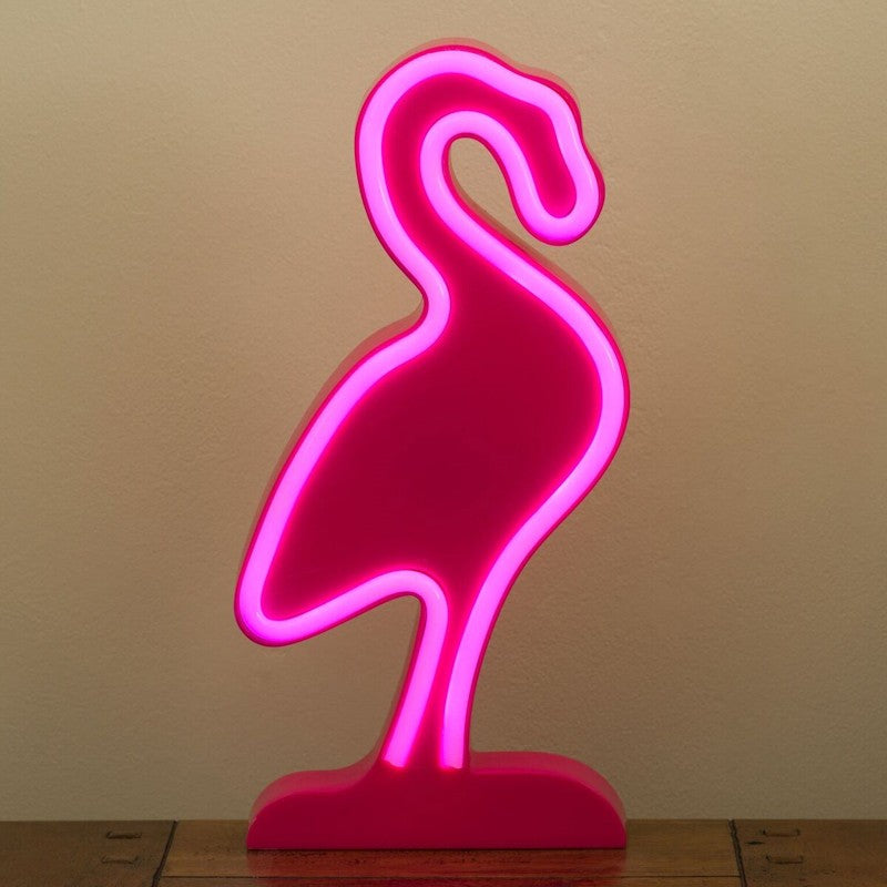 Decoratiune Luminoasa Neon Flamingo, Lampa Ambientala cu LED, Alimentare USB sau 3 Baterii AA, Material Plastic, Inaltime 20 cm, Culoare Mov