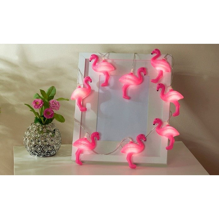 Instalatie Craciun Tip Sir, 10 LED-uri cu Baterii, Model Figurina Flamingo, Plastic, 1.5 m, Roz