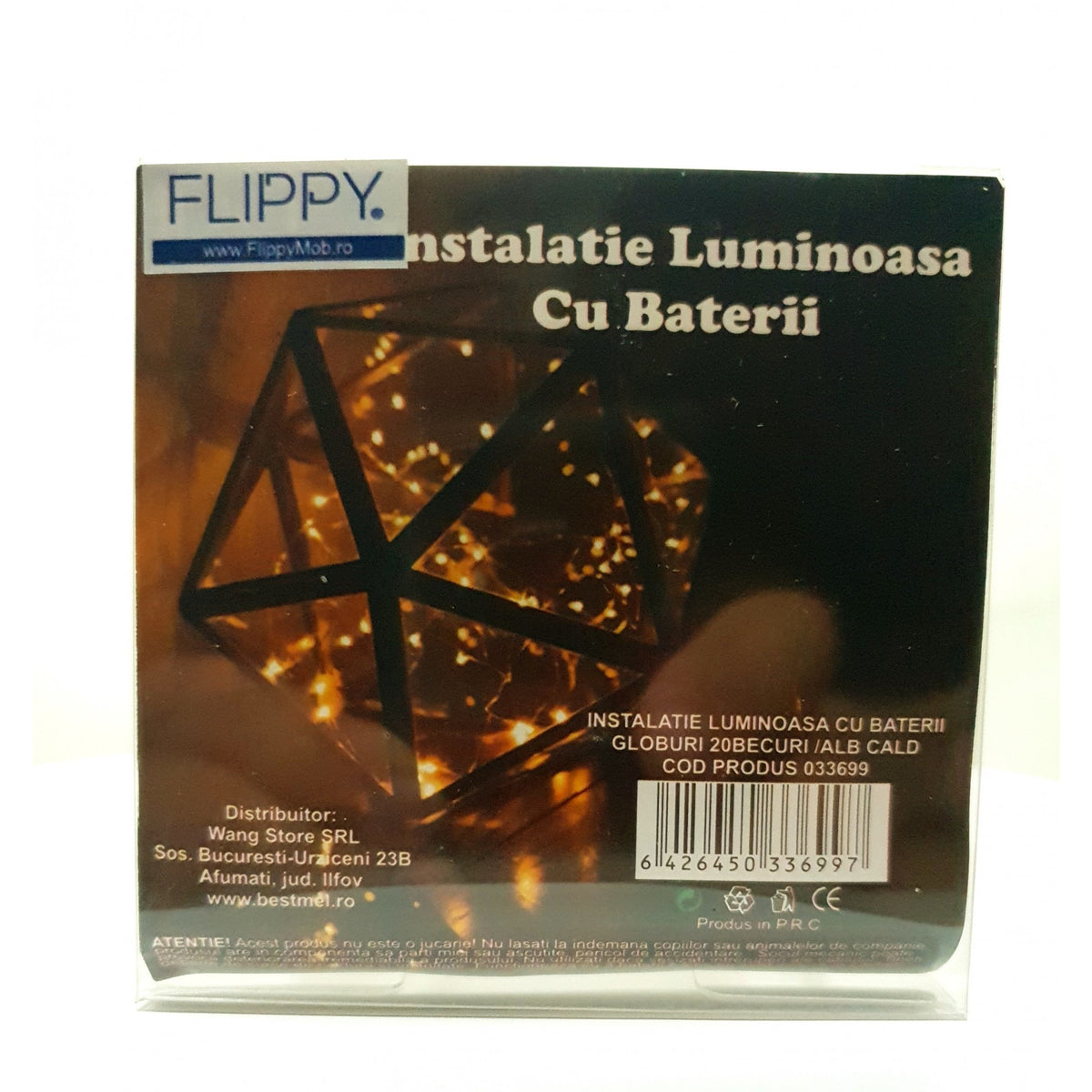 Instalatie de Craciun Tip Sir, 20 LED-uri sub Forma de Globuri, Lumina Alba Calda, Alimentare cu Baterii, Lungime 2.5 m