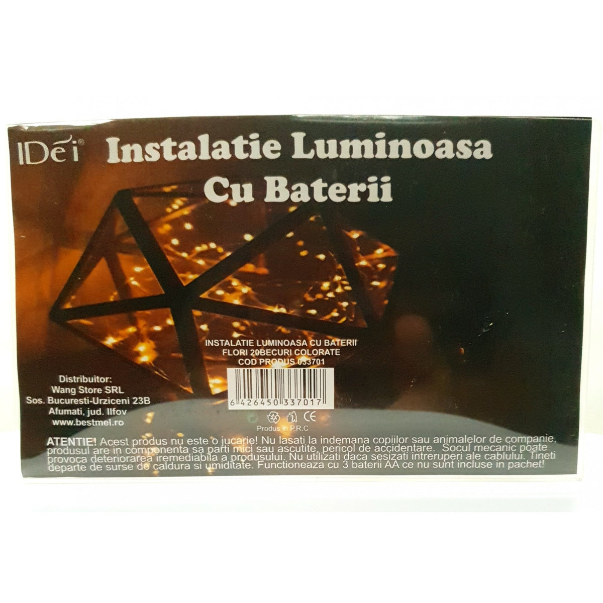 Instalatie de Craciun Tip Sir, 20 LED-uri Alb Cald, Alimentare pe Baterii, Globuri Transparente, Fir Transparent, Lungime 2.5 m