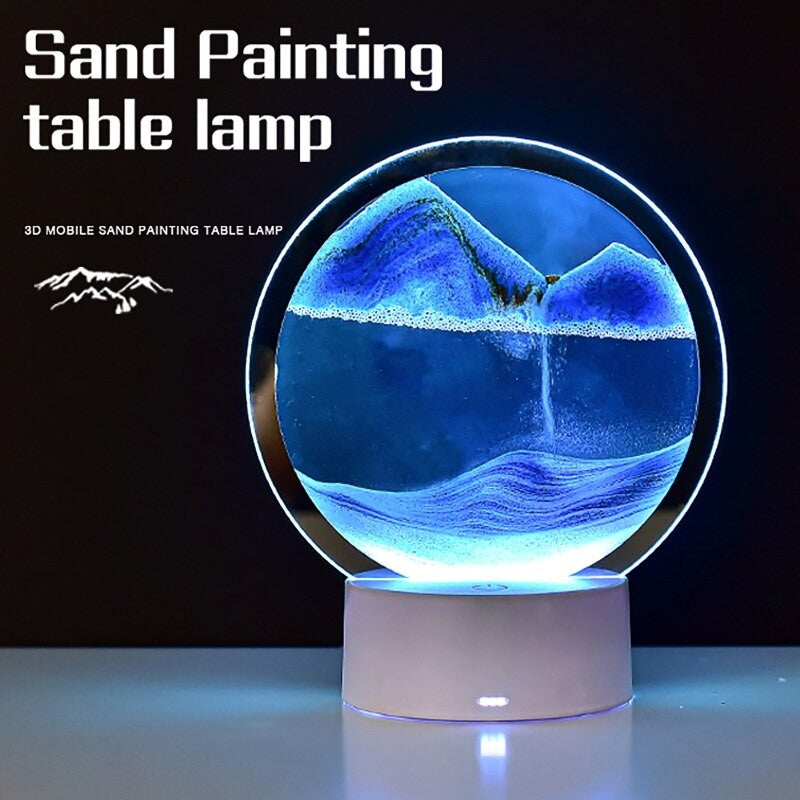 Lampa Decorativa Tip Clepsidra, Nisip Miscător cu Imagine 3D Dinamică, Efect Antistres si Relaxant, Alimentare USB sau Baterii, Sticla si Acril, 16 x 18.5 cm, Gri/Auriu