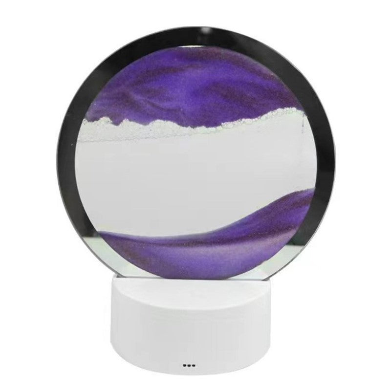 Lampa Decorativa Tip Clepsidra, Imagine 3D Dinamica cu Nisipuri Miscatoare, Efect Antistres si Relaxant, Alimentare USB sau 3 Baterii AA, Sticla Acrilica, 16 x 18.5 cm, Mov
