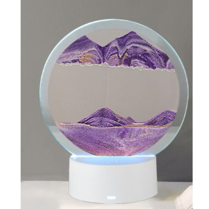 Lampa Decorativa Tip Clepsidra, Imagine 3D Dinamica cu Nisipuri Miscatoare, Efect Antistres si Relaxant, Alimentare USB sau 3 Baterii AA, Sticla Acrilica, 16 x 18.5 cm, Mov