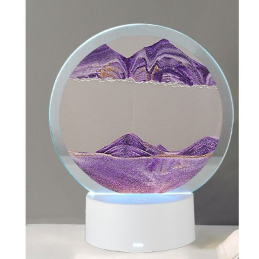 Lampa Decorativa Tip Clepsidra, Imagine 3D Dinamica cu Nisipuri Miscatoare, Efect Antistres si Relaxant, Alimentare USB sau 3 Baterii AA, Sticla Acrilica, 16 x 18.5 cm, Mov