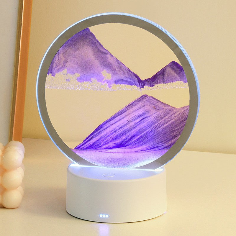 Lampa Decorativa Tip Clepsidra, Imagine 3D Dinamica cu Nisipuri Miscatoare, Efect Antistres si Relaxant, Alimentare USB sau 3 Baterii AA, Sticla Acrilica, 16 x 18.5 cm, Mov