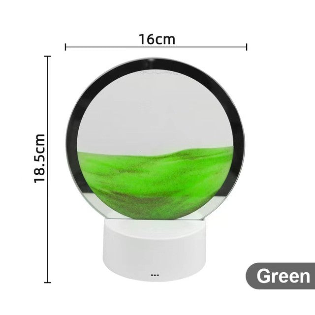 Lampa Decorativa Tip Clepsidra, Nisipuri Miscatoare cu Imagine 3D Dinamica, Efect Antistres si Relaxant, Alimentare USB sau 3 Baterii AA, Sticla si Acril, 16 x 18.5 cm, Verde